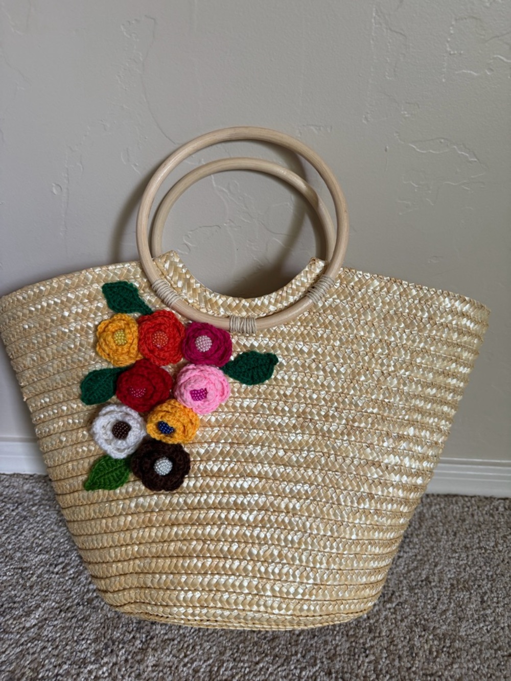 Natural Straw Tote with Crochet Flower Accents - Unbranded